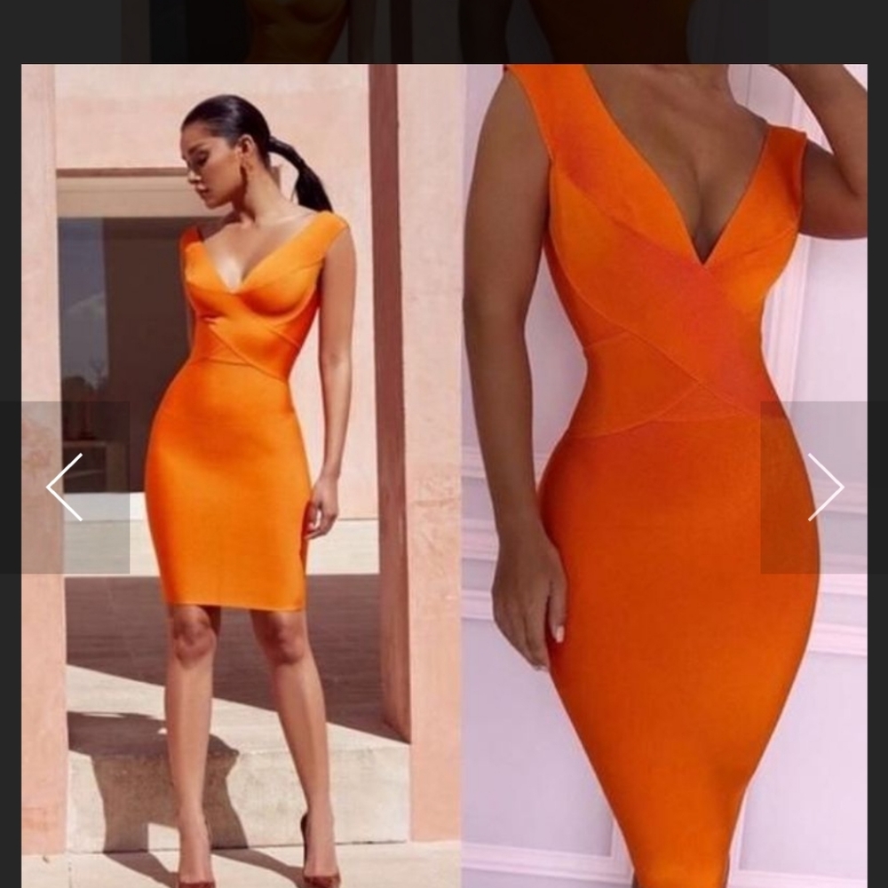 House of CB Orange V‑Neck Bodycon Dress